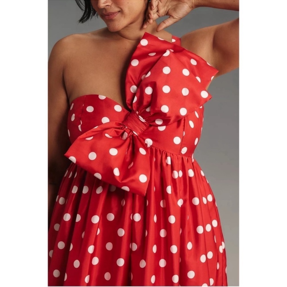 Anthropologie Atsu Sally Bow Polka Dot One Shoulder Midi Dress Red Medium NWT - Picture 6 of 12